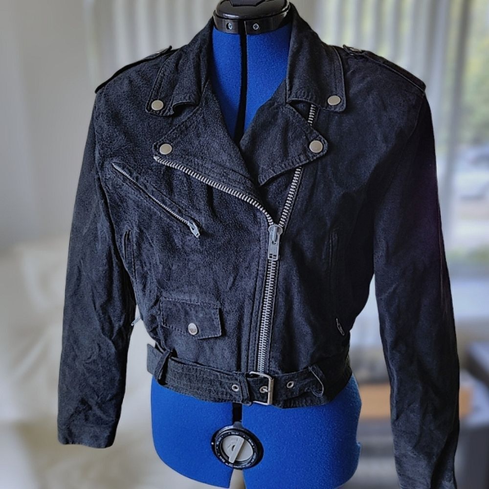 Vtg 90s Cosa Nova black nubuck leather belted moto jacket